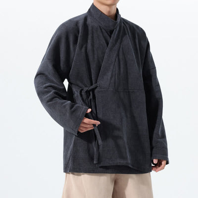 Buddha Stones Fall Winter Casual Tang Style Mandarin Collar Solid Men's Kimono With Pocket - image 12