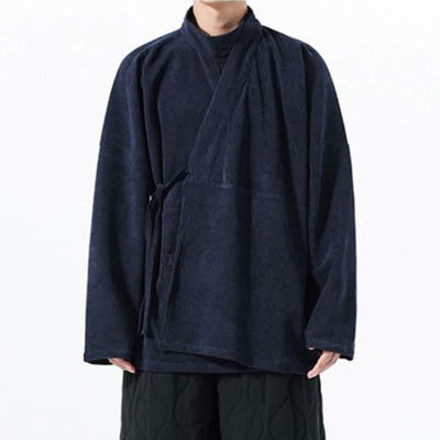 Buddha Stones Fall Winter Casual Tang Style Mandarin Collar Solid Men's Kimono With Pocket - image 21