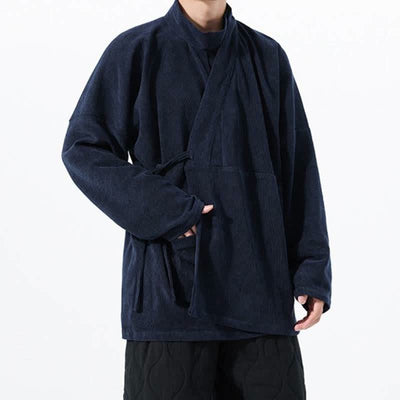 Buddha Stones Fall Winter Casual Tang Style Mandarin Collar Solid Men's Kimono With Pocket - image 19