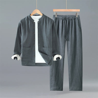 Buddha Stones Spring Fall Tang Style Minimalist Button-Up Solid Ramie Long Sleeve Shirt Pants Men's Meditation Cloth With Pockets - DimGray Shirt Pants - US/UK/AU42，EU52 (3XL) - image 12