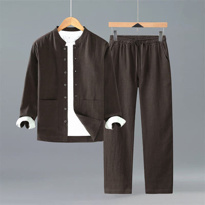Buddha Stones Spring Fall Tang Style Minimalist Button-Up Solid Ramie Long Sleeve Shirt Pants Men's Meditation Cloth With Pockets - SaddleBrown Shirt Pants - US/UK/AU42，EU52 (3XL) - image 0