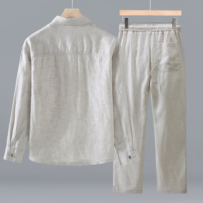 Buddha Stones Spring Fall Casual Minimalist Button-Up Long Sleeve Shirt Drawstring Pants Solid Men's Meditation Cloth With Pocket - image 2