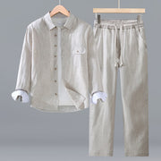 Foviel Spring Fall Casual Minimalist Button-Up Long Sleeve Shirt Drawstring Pants Solid Men's Meditation Cloth With Pocket
