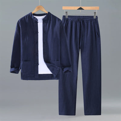 Buddha Stones Spring Fall Tang Style Mandarin Collar Solid Ramie Shirt Pants Men's Meditation Cloth With Pockets - Navy - US/UK/AU42，EU52 (3XL) - image 11