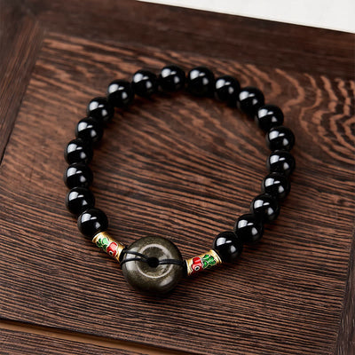 Buddha Stones Golden Sheen Obsidian Peace Buckle Black Obsidian Koi Fish Protection Round Bead Bracelet - image 1