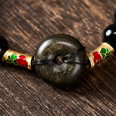 Buddha Stones Golden Sheen Obsidian Peace Buckle Black Obsidian Koi Fish Protection Round Bead Bracelet - image 3