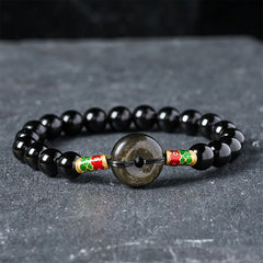 Buddha Stones Golden Sheen Obsidian Peace Buckle Black Obsidian Koi Fish Protection Round Bead Bracelet - Black Obsidian & Golden Sheen Obsidian(Wrist Circumference: 15–16 cm) - image 0