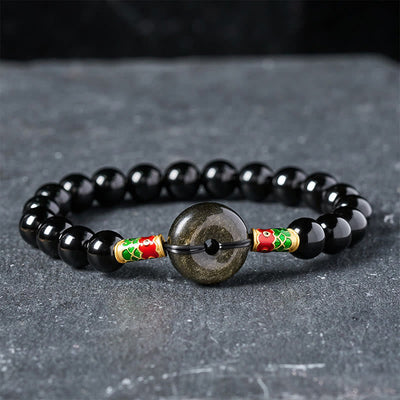Buddha Stones Golden Sheen Obsidian Peace Buckle Black Obsidian Koi Fish Protection Round Bead Bracelet - Black Obsidian & Golden Sheen Obsidian(Wrist Circumference: 15–16 cm) - image 0