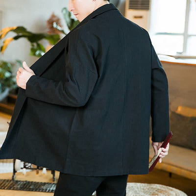 Buddha Stones Fall Winter Casual Tang Style Solid Cotton Long Sleeve Men's Kimonos - image 10