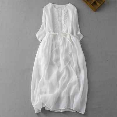 Buddha Stones Summer Casual Vintage Button-Up Drawstring Solid Women's Short Sleeve Dress With Pocket - White - US14, UK/AU18, EU46 (2XL) - image 11