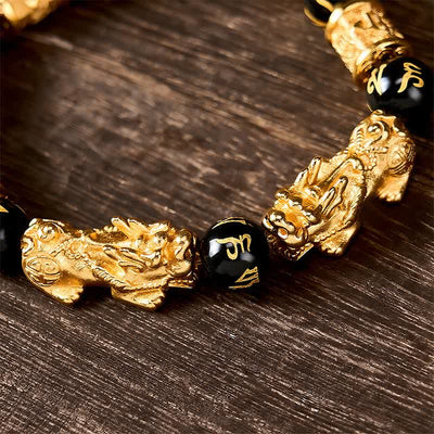 Buddha Stones Black Gold Pi Xiu Om Mani Padme Hum Wealth Round Bead Bracelet - image 9