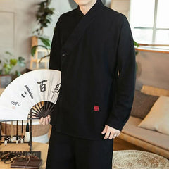 Buddha Stones Fall Tang Style Minimalist Mandarin Collar Solid Men's Long Sleeve Shirts - Black - US/UK/AU48, EU58 (5XL) - image 0