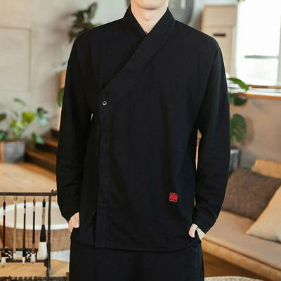 Buddha Stones Fall Tang Style Minimalist Mandarin Collar Solid Men's Long Sleeve Shirts - image 1