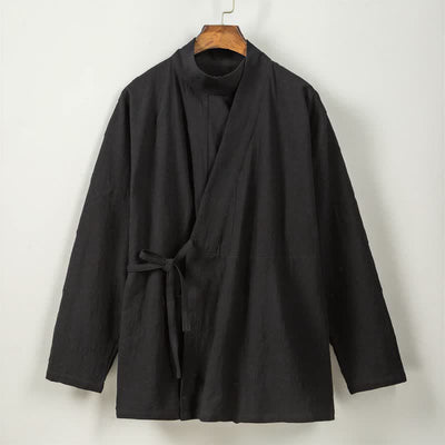 Buddha Stones Fall Winter Casual Tang Style Mandarin Collar Solid Cotton Long Sleeve Men's Kimonos - image 12