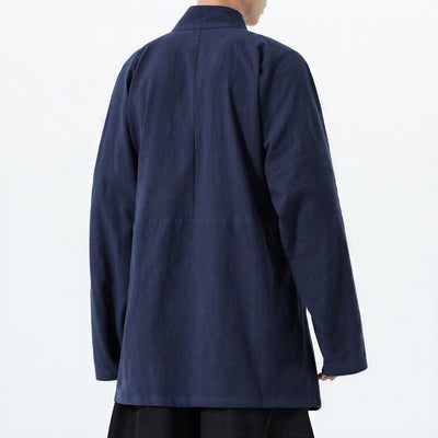 Buddha Stones Fall Winter Casual Tang Style Mandarin Collar Solid Cotton Long Sleeve Men's Kimonos - image 3