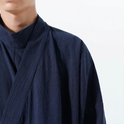 Buddha Stones Fall Winter Casual Tang Style Mandarin Collar Solid Cotton Long Sleeve Men's Kimonos - image 4