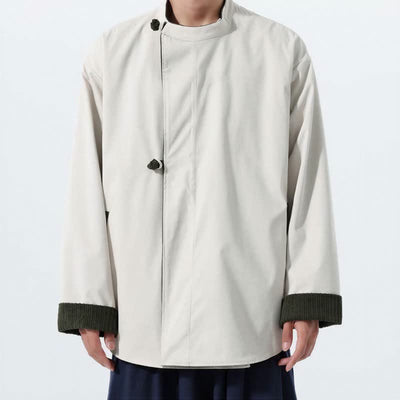 Buddha Stones Fall Winter Casual Tang Style Mandarin Collar Solid Corduroy Reversible Men's Jackets With Pocket - image 4