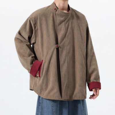 Buddha Stones Fall Winter Casual Tang Style Mandarin Collar Solid Corduroy Reversible Men's Jackets With Pocket - image 19