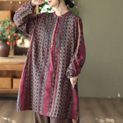 Buddha Stones Spring Fall Retro Boho Button-Up Striped Floral Women's Long Sleeve Dresses With Pocket - PaleVioletRed - US14，UK/AU18，EU46 (2XL) - image 19