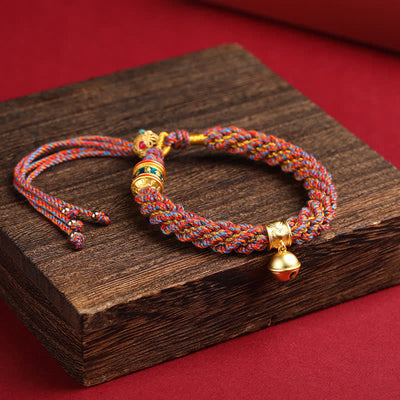 Buddha Stones Hand-Woven Tibetan Om Mani Padme Hum Wisdom Bell Charm Multicolor Rope Bracelet - Red Multicolor - image 11