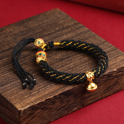 Buddha Stones Hand-Woven Tibetan Om Mani Padme Hum Wisdom Bell Charm Multicolor Rope Bracelet - Black - image 15