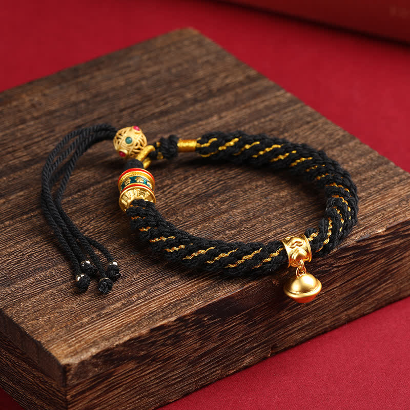 Buddha Stones Hand-Woven Tibetan Om Mani Padme Hum Wisdom Bell Charm Multicolor Rope Bracelet - Black - image 15