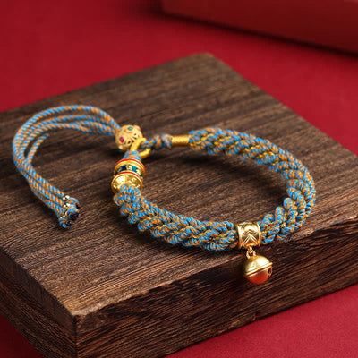Buddha Stones Hand-Woven Tibetan Om Mani Padme Hum Wisdom Bell Charm Multicolor Rope Bracelet - Khaki Blue - image 8