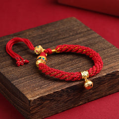 Buddha Stones Hand-Woven Tibetan Om Mani Padme Hum Wisdom Bell Charm Multicolor Rope Bracelet - Burgundy - image 0
