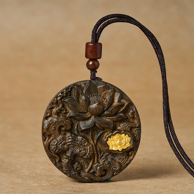 Buddha Stones Lotus Carved Sappanwood Enlightenment Necklace - Double Lotus - image 0