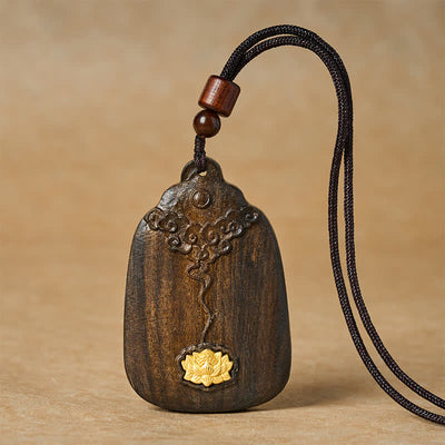 Buddha Stones Sappanwood Auspicious Clouds Lotus Carved New Beginnings Pendant Necklace - Cloud Lotus Blessing - image 0