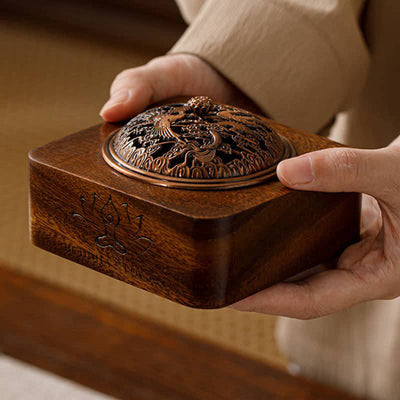 Buddha Stones Peach Wood Dragon Phoenix Protection Square Incense Burners - image 6