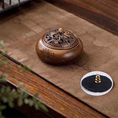 Buddha Stones Peach Wood Dragon Phoenix Strength Round Incense Burner - Dragon Phoenix - image 0