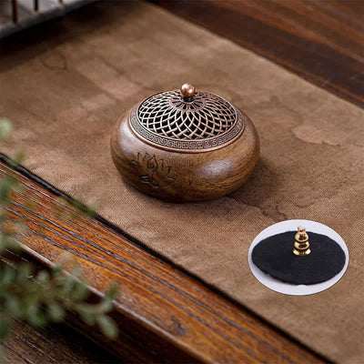 Buddha Stones Peach Wood Dragon Phoenix Strength Round Incense Burner - Lotus Design - image 1