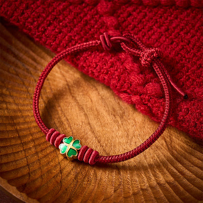 Buddha Stones Hand-Woven Red Rope Heart-Shaped Green Four Leaf Clover Luck Bracelet - image 10