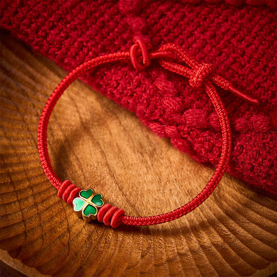 Buddha Stones Hand-Woven Red Rope Heart-Shaped Green Four Leaf Clover Luck Bracelet - image 2