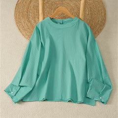Buddha Stones Spring Casual Minimalist Green Striped Crew Neck Women's Long Sleeve T-Shirt - MediumAquamarine - US14, UK/AU18, EU46 (2XL) - image 0