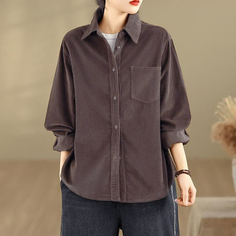 Buddha Stones Fall Winter Casual Vintage Button-Up Solid Corduroy Women's Jacket With Pockets - image 2