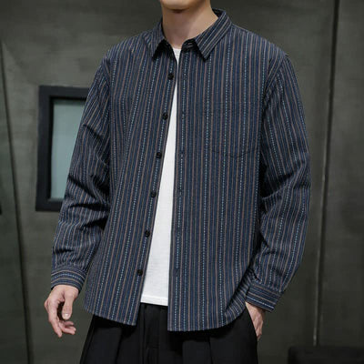 Buddha Stones Fall Casual Vintage Button-Up Striped Cotton Men's Long Sleeve Shirts With Patch Pocket - MidnightBlue - US/UK/AU42, EU52 (3XL) - image 0