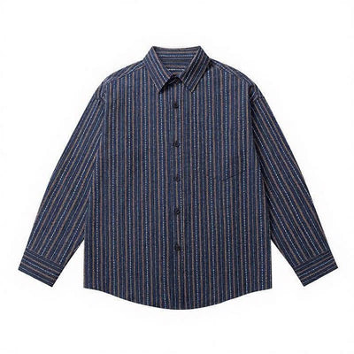 Buddha Stones Fall Casual Vintage Button-Up Striped Cotton Men's Long Sleeve Shirts With Patch Pocket - image 2