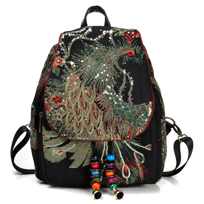 Buddha Stones Peacock Embroidery Canvas Tassel Backpack - Black Peacock - image 0