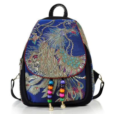 Buddha Stones Peacock Embroidery Canvas Tassel Backpack - Dark Blue Peacock - image 17