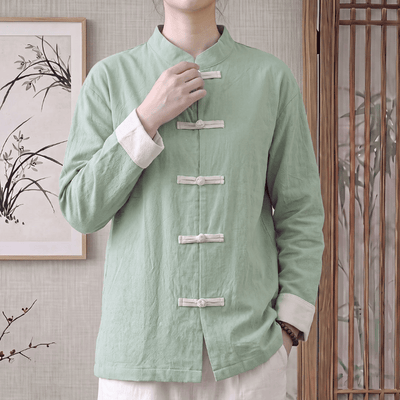 Buddha Stones Spring Fall Tang Style Minimalist Mandarin Collar Frog Button Solid Cotton Women's Long Sleeve Shirts - image 1