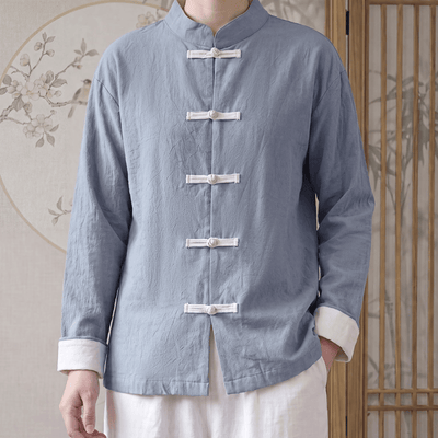 Buddha Stones Spring Fall Tang Style Minimalist Mandarin Collar Frog Button Solid Cotton Women's Long Sleeve Shirts - image 3