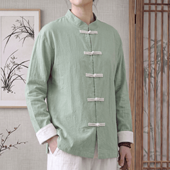 Buddha Stones Spring Fall Tang Style Minimalist Mandarin Collar Frog Button Solid Cotton Women's Long Sleeve Shirts - PaleGreen - US16，UK/AU20，EU48 (5XL) - image 0