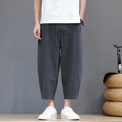 Buddha Stones Spring Summer Casual Minimalist Drawstring Solid Cotton Linen Capri Pants Men's Harem Pants With Pocket - image 1