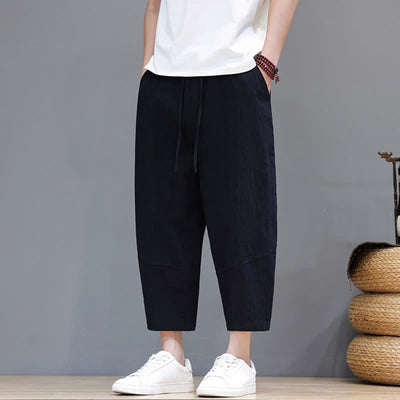 Buddha Stones Spring Summer Casual Minimalist Drawstring Solid Cotton Linen Capri Pants Men's Harem Pants With Pocket - image 10