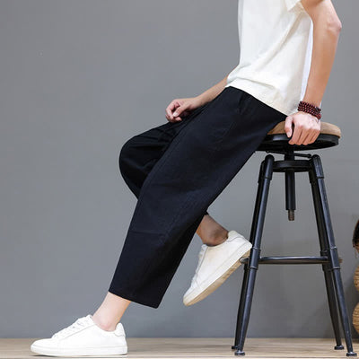 Buddha Stones Spring Summer Casual Minimalist Drawstring Solid Cotton Linen Capri Pants Men's Harem Pants With Pocket - image 15
