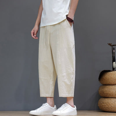 Buddha Stones Spring Summer Casual Minimalist Drawstring Solid Cotton Linen Capri Pants Men's Harem Pants With Pocket - image 27