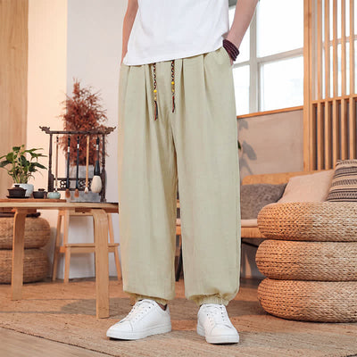 Buddha Stones Spring Summer Casual Drawstring Solid Cropped Pants Men's Straight Leg Pants With Pocket - image 1