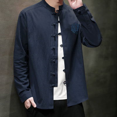 Buddha Stones Spring Fall Tang Style Casual Frog Button Embroidery Solid Men's Long Sleeve Shirts - image 19